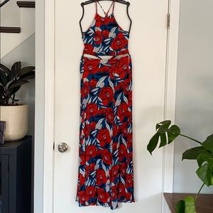 Red and blue floral 2 piece dress set